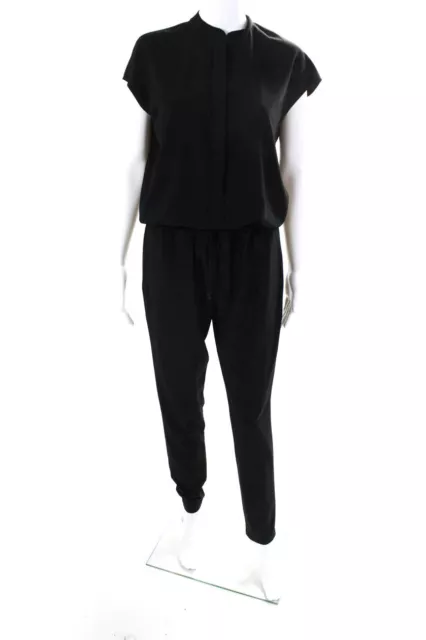 Vince Womens Front Zip Short Sleeve Crew Neck Drawstring Jumpsuit Black Size 6