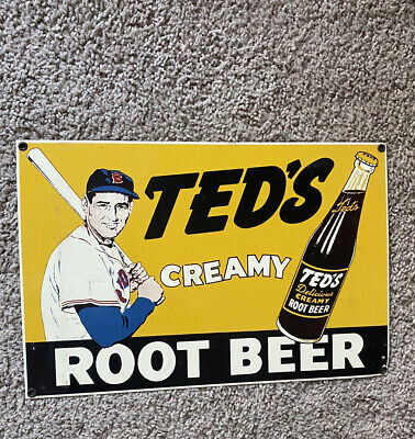 Teds Creamy Root Beer Soda Porcelain Enamel Metal Advertising REAL VINTAGE STEEL