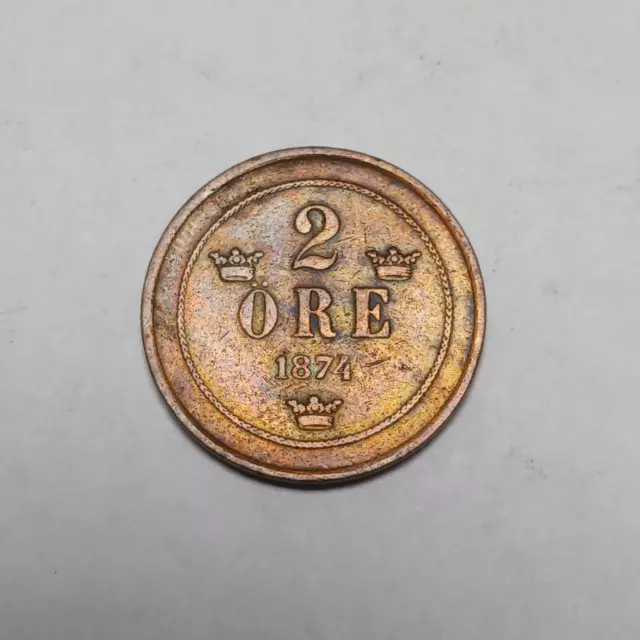 1874 Sweden 2 Ore - Bronze - Oscar II - Vintage Swedish Coin