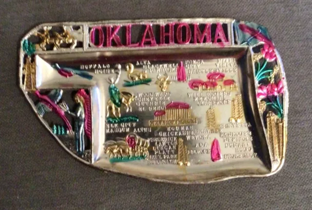 Oklahoma vintage souvenir trinket tin, shape of Oklahoma, colorful