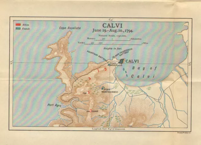 MAP/BATTLE PLAN ~ CALVI Jun 19-Aug 10 1794 FRENCH & ALLIES TROOP POSITIONS FORTS