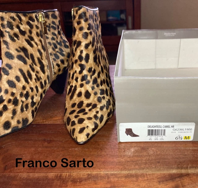 Franco Sarto Delighted 2 Camel Hair Leopard Print Heel Ankle Boots Sz 6.5M