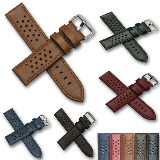 Mens Rally Racing Sports Genuine Calf Leather Perforated Watch Strap Band Tan