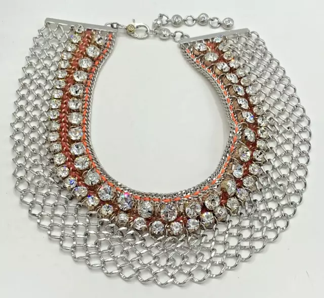 Henri Bendel Statement Necklace Chunky Rhinestones & Silver Tone Chain 15” Bib