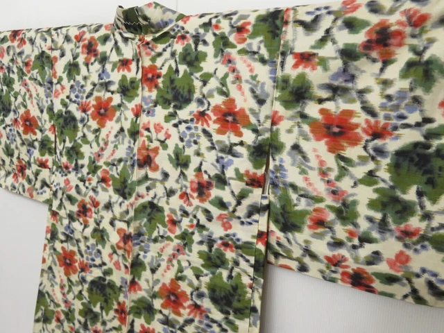 1407T03z380 Vintage Japanese Kimono Silk MEISEN HAORI Off-white Flower 2