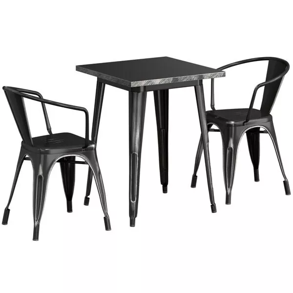 23.5'' Square Distressed Black Metal Restaurant Table Set with 2 Armchairs