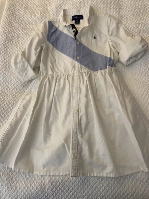 Ralph Lauren Girls Dress Size 6-6X White Blue And Gold With Adjustable Sleeves