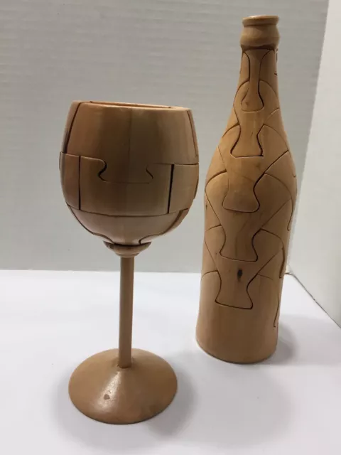 Vtg Hand Crafted Solid Wood Puzzle 7” Wine Glass 10” Wine Bottle