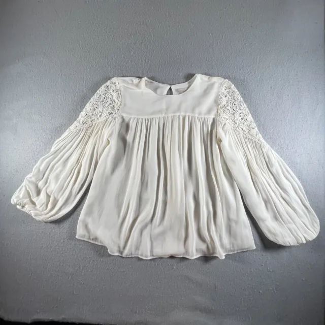 Loft Shirt Womens Small Ivory Chiffon Lace Top Boho Flowy Pleated Cottagecore