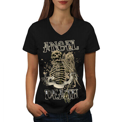 Wellcoda Angel Death Gothic Skull Womens V-Neck T-shirt, Hell Graphic Design Tee
