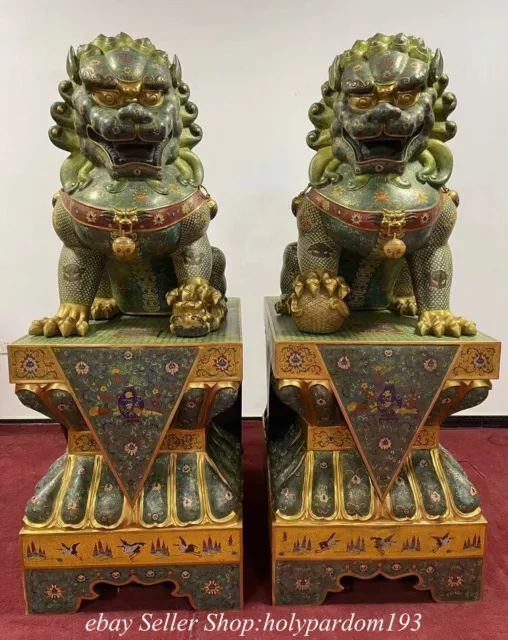 Huge Rare Old Chinese Purple Bronze Cloisonne Dynasty Foo Fu Lion Statue Pair