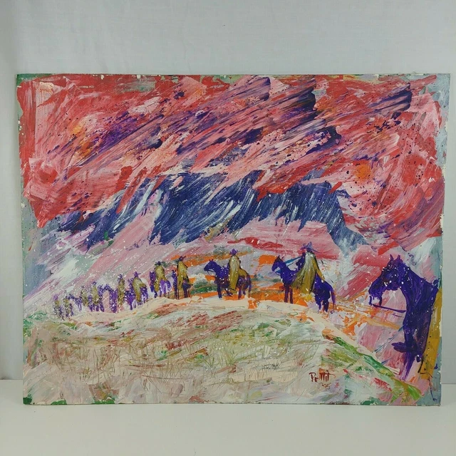 Men on Horses Snow Storm Original Art by Bruce Pettit 1995 Mixed Media Paint