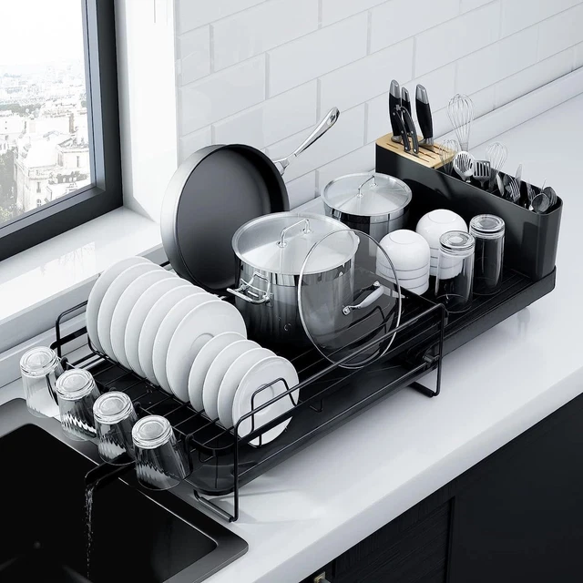 Extendable Dish Drying Rack Kitchen Counter Dish Rack with Cutlery Cup Holder