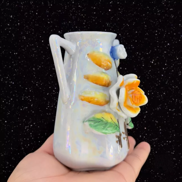 Japanese Ceramic Vase 3D Colorful Flowers Made In Japan Pottery Vase Two Handles 2