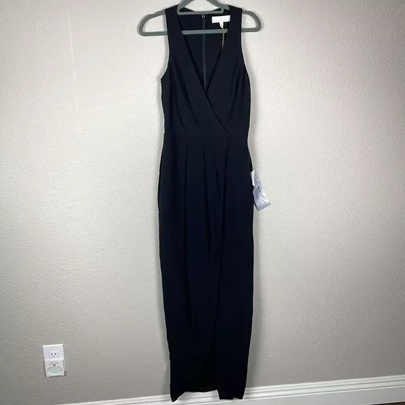 NWT Dress The Population Ariel Black Maxi Dress Gown Surplice V Neck High Slit S 3