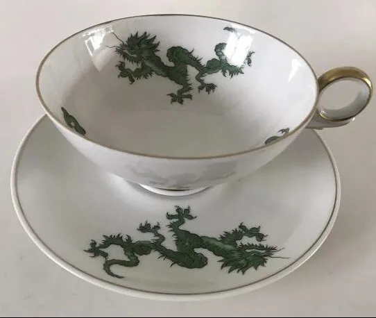 Schaubach Kunst Grüner Drachen, Porzellan Teetasse mit Untertasse, Goldrand
