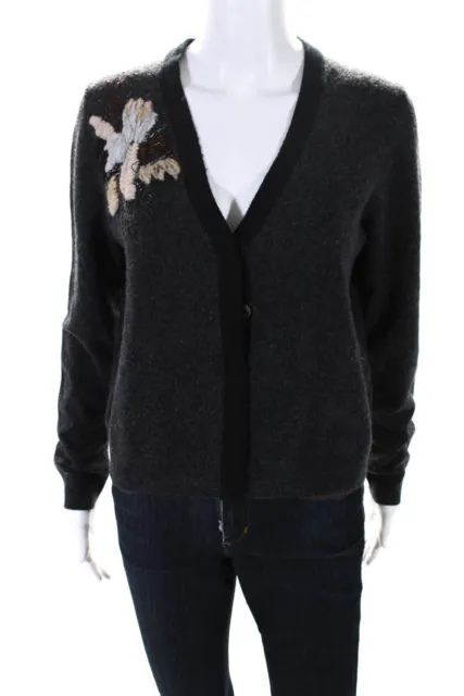 Diane Von Furstenberg Womens Beaded + Embroidered Cardigan Sweater Gray Size M