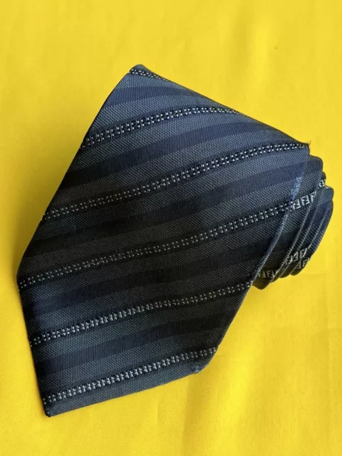 Authentic FENDI Striped Dot FF Design On Blue Denim 100% Silk Necktie Tie