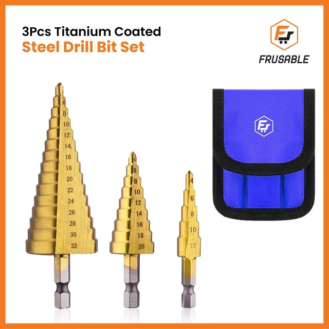 3Pcs Drill Bit Set Titanium Nitride Coated Steel Step Quick Change 1/4 Shank HSS