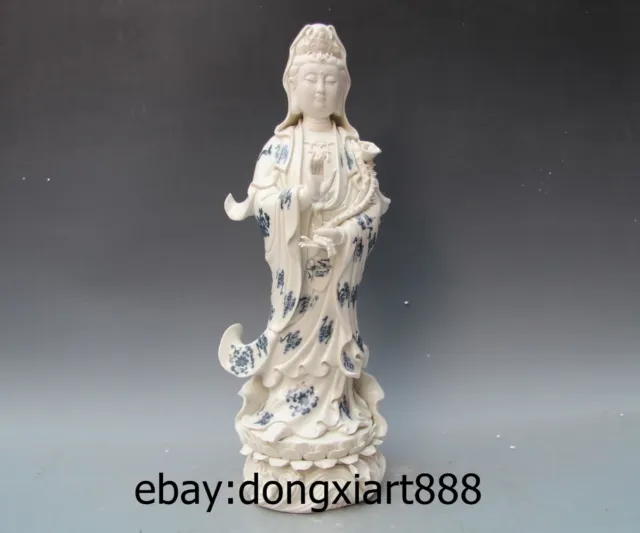 19" Chinese Blue White Porcelain & Pottery Guanyin Kwan-yin Bodhisattva Statue