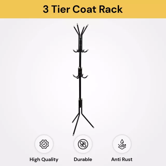 12 Hooks 3 Tier Coat Rack Stand Hat Clothes Metal Tree Style Storage Organizer 2