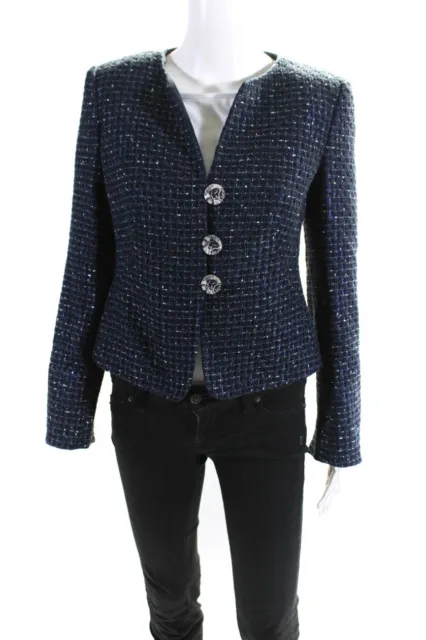 Armani Collezioni Womens Tweed Button Down Jacket Navy Blue Cotton Size 6