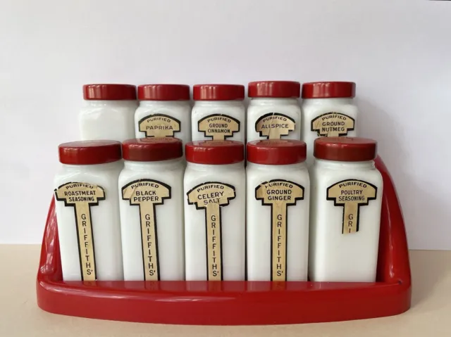 Vintage Griffith’s Milk Glass Spice 10 Piece Set with Original Red Rack Art Deco