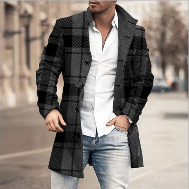 Men Overcoat Single Breasted Lapel Trench Formal Coat Warm Outwear Winter Jacket
