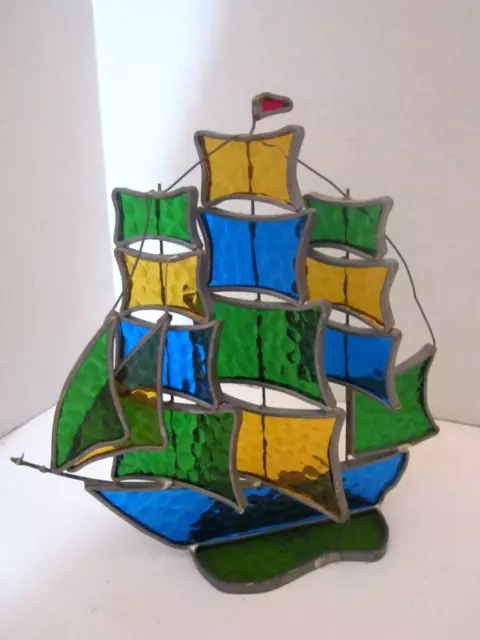 Stained Glass Handmade 3D Tall Sailing Ship Decorative Multi Color Glass 8" tall