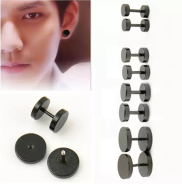 Pair Black Flat Round Barbell Earrings Plug Gym Mens Mm Stud 316 Stainless Steel 3