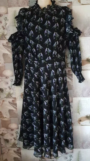 Ted Baker Hilaina Ruffle Cold Shoulder Black Bird Floral Maxi Dress Size 2 UK 10