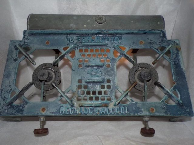 Ancien Réchaud à Alcool L'Esperanto En Fonte émaillée Bleu, France, Décoratif