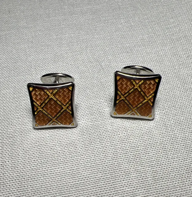 David Donahue Sterling Silver 925 Cufflinks Enamel  Orange Checked Squares Nice