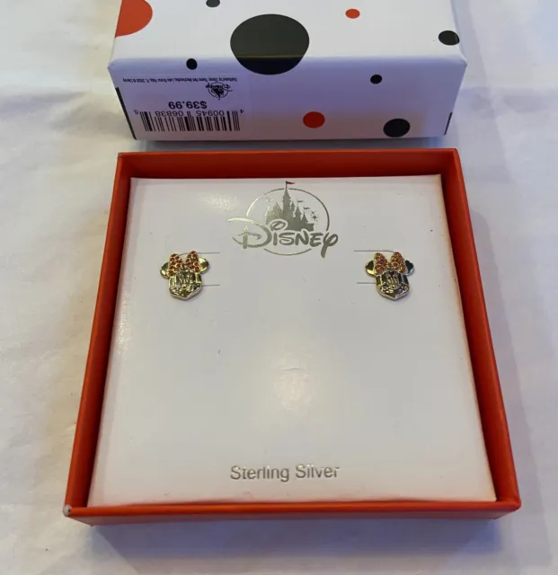 Disney Minnie Mouse Face Sterling Silver Pierced Stud Earrings NWT New in Box