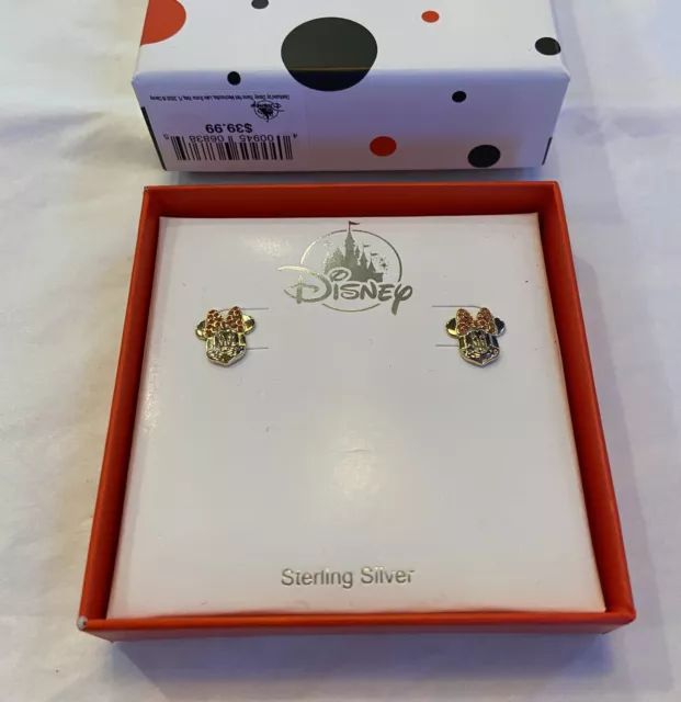 Disney Minnie Mouse Face Sterling Silver Pierced Stud Earrings NWT New in Box