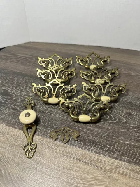 KBC Vintage Brass Drawer Pulls And Knob Handle Lot 7 Pulls 1 Knob W Backplate