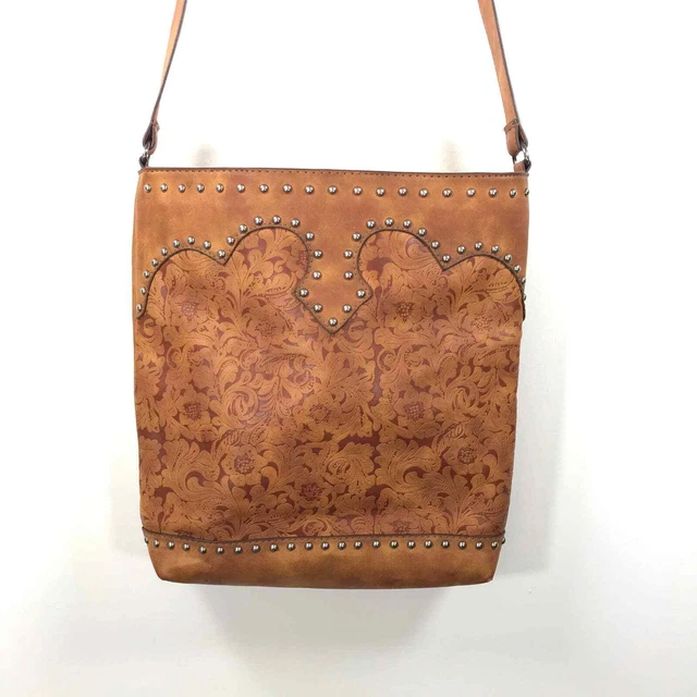 Vegan Leather Crossbody Western Purse Tooled Silver Studs Zipper Adj Strap