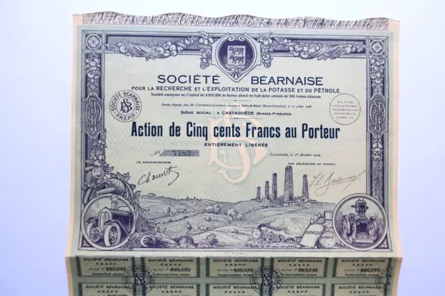 Societe Bearnaise Exploitation Potasse Et Petrole 500 Francs Castanede 1929