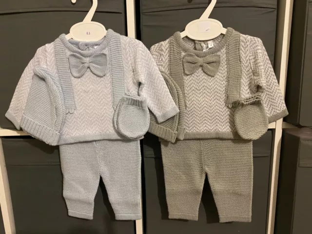 Newborn Baby Boy Knitted Outfit Blue Grey Bow Tie Warm Pram Gift Set Boys 0-6M