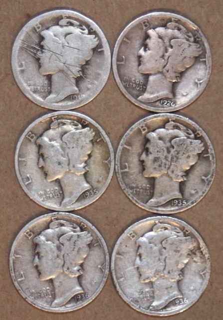 (6) Mercury Dimes - Damaged - 1918 1926D (2)1935 (2)1936) - #1315CA621