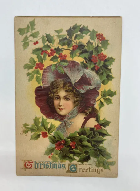 Antique Embossed Merry Christmas Postcard Greeting Card Young Victorian Lady