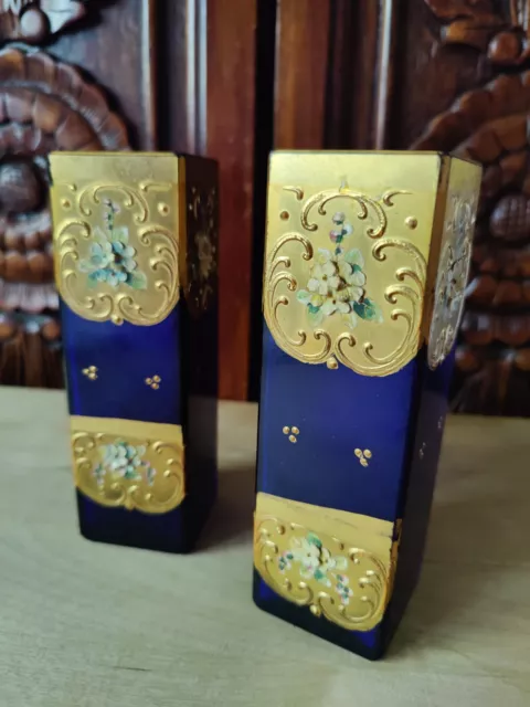 Pair Of Gilded Bohemia Glass Czech Cobalt Blue And Gold Bud Vases