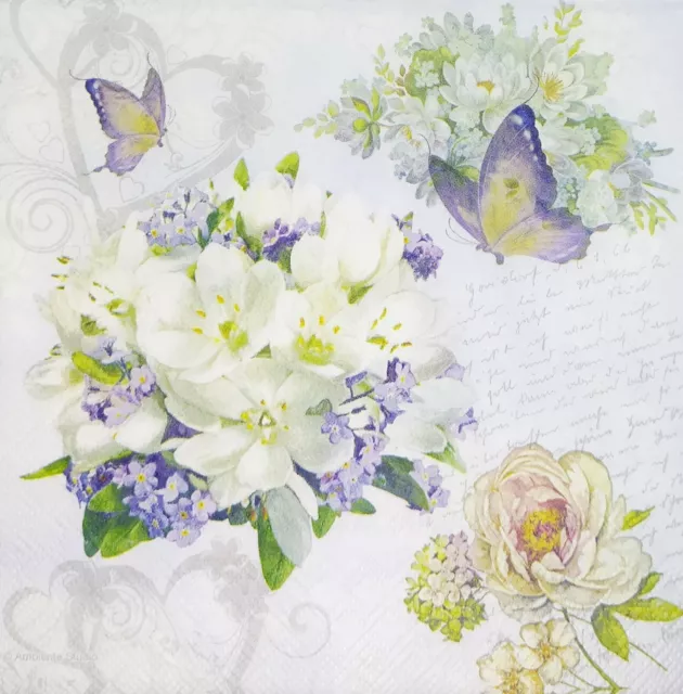 N455# 3x Single Paper Napkins For Decoupage Craft White Flowers Purple Butterfly