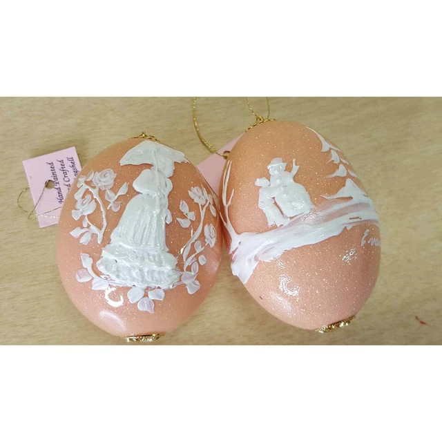 "Hermosos Huevos Reales Pintados a Mano Melocotón Rosa con Brillo ""Navidad de 1994"