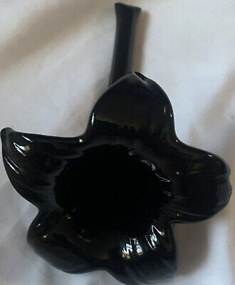 Rare Hand Blown Black Amethyst Art Glass Flower Hibiscus Shaped Bud Vase Vintage