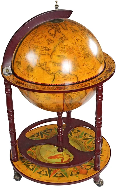 Sixteenth-Century Italian Replica Globe Bar Cart Cabinet on Wheels, 38", Sepia F