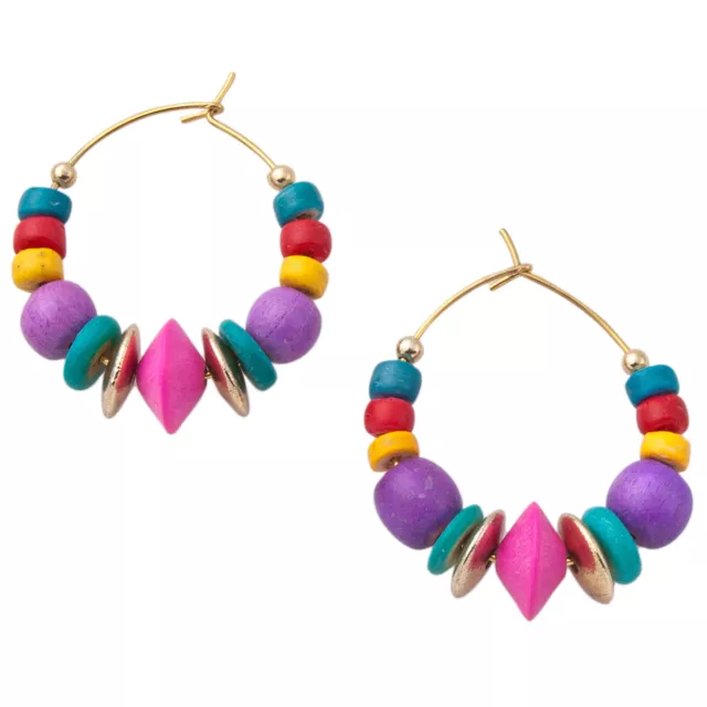 Multicolor Wood Beaded Pierced Hoop Earrings Pink Purple Green Yellow 1 1/4" 3