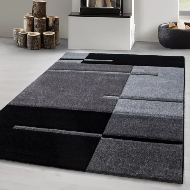 Wohnzimmer Teppich, Kariert design Schwarz - Grau, Modern Konturenschnitt
