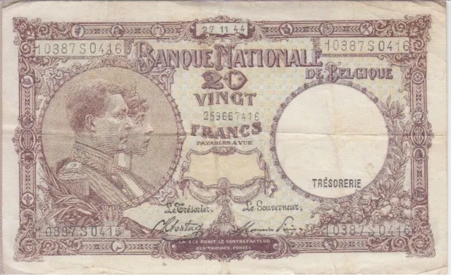 Belgium Banknote P. 111-0416 20 Francs 27-11-44, F-VF WE COMBINE.   2001