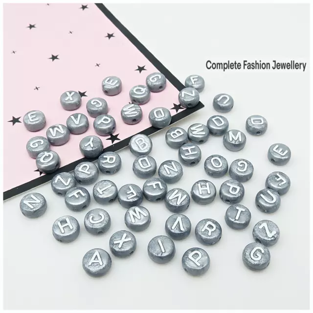 100 4Mmx7Mm Grey/White Coloured Alphabet A-Z Flat Round Acrylic Beads - Crafts